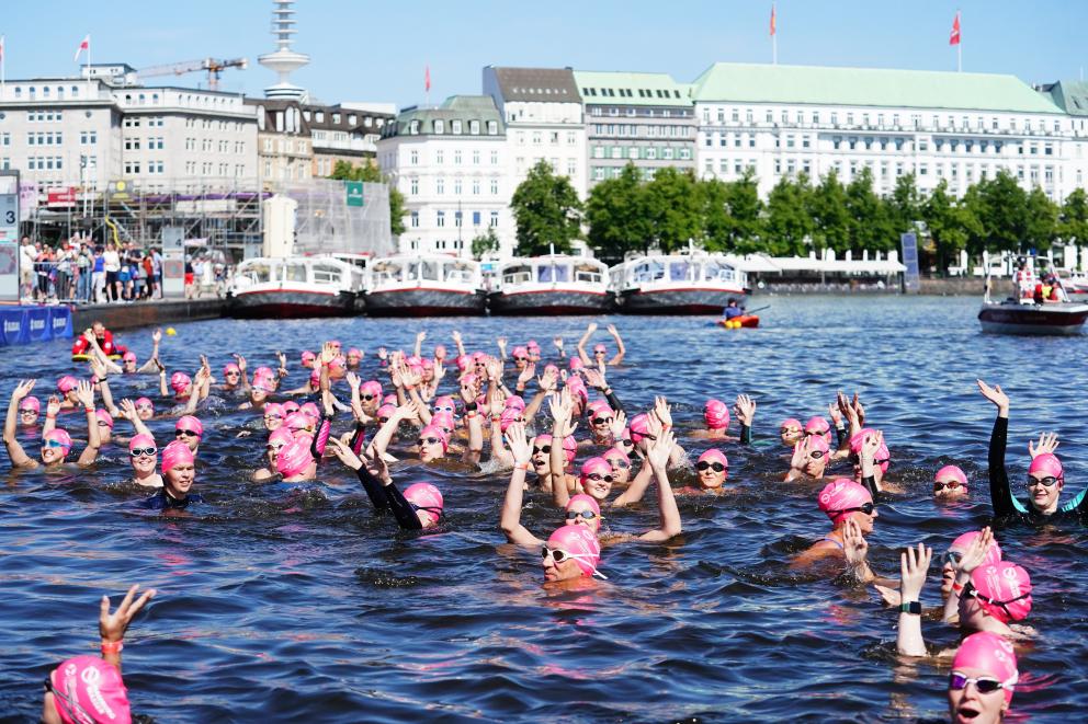 Jedermann-Teilnehmerinnen und -Teilnehmer mit pinken Badekappen beim Schwimmen in der Alster vor der Hamburger Kulisse.
